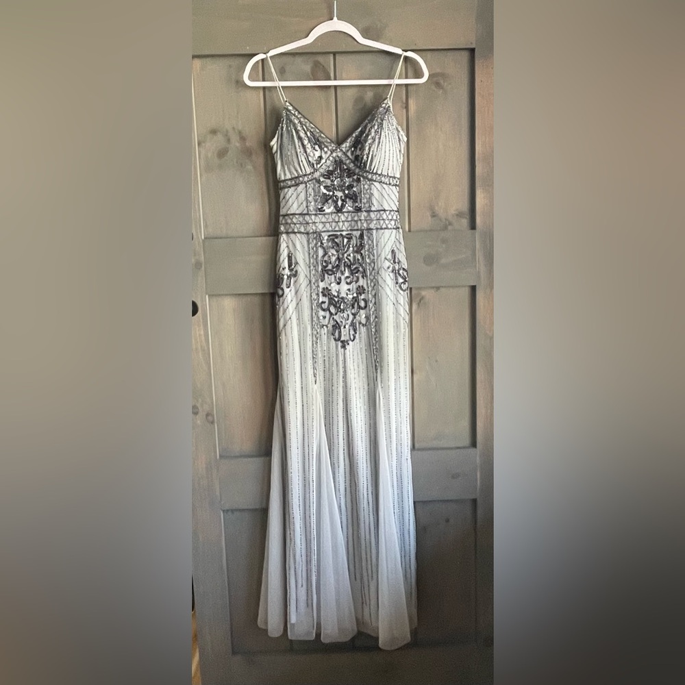 Jump Gray/Dusty Blue Embellished Pleated Maxi Gown